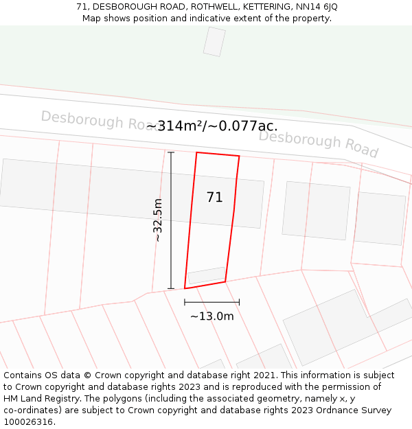 71, DESBOROUGH ROAD, ROTHWELL, KETTERING, NN14 6JQ: Plot and title map