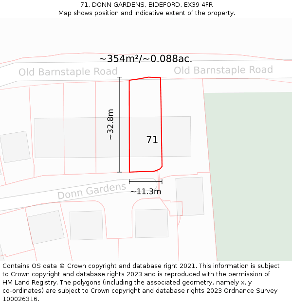 71, DONN GARDENS, BIDEFORD, EX39 4FR: Plot and title map