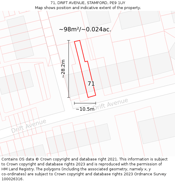 71, DRIFT AVENUE, STAMFORD, PE9 1UY: Plot and title map