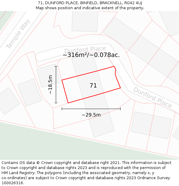 71, DUNFORD PLACE, BINFIELD, BRACKNELL, RG42 4UJ: Plot and title map