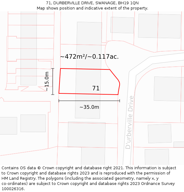 71, DURBERVILLE DRIVE, SWANAGE, BH19 1QN: Plot and title map