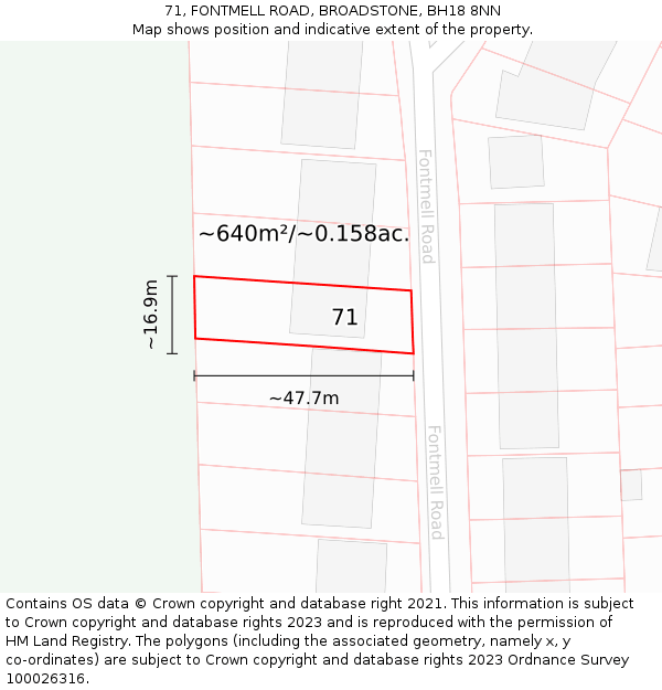 71, FONTMELL ROAD, BROADSTONE, BH18 8NN: Plot and title map