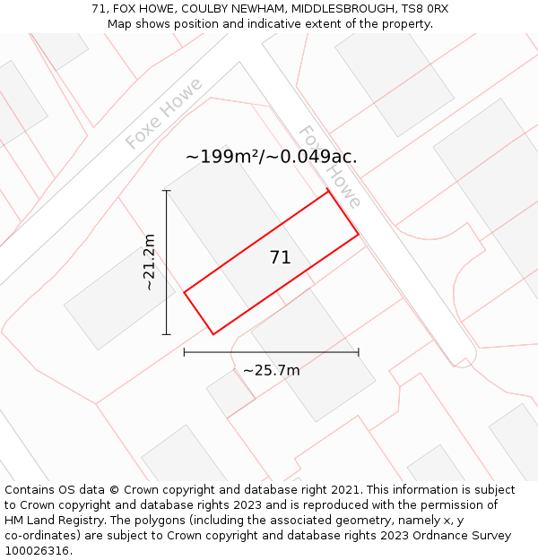 71, FOX HOWE, COULBY NEWHAM, MIDDLESBROUGH, TS8 0RX: Plot and title map