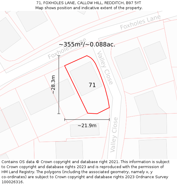 71, FOXHOLES LANE, CALLOW HILL, REDDITCH, B97 5YT: Plot and title map