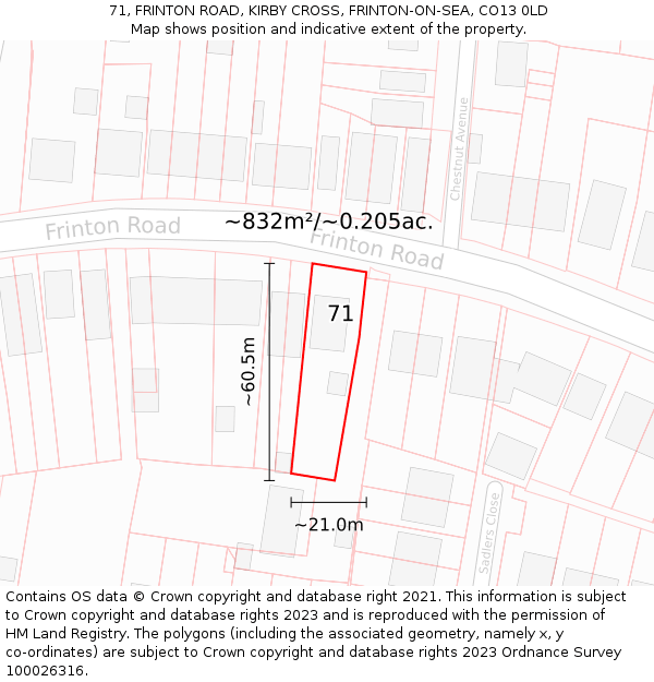 71, FRINTON ROAD, KIRBY CROSS, FRINTON-ON-SEA, CO13 0LD: Plot and title map