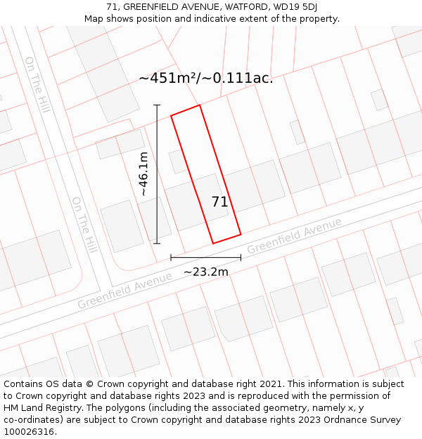 71, GREENFIELD AVENUE, WATFORD, WD19 5DJ: Plot and title map