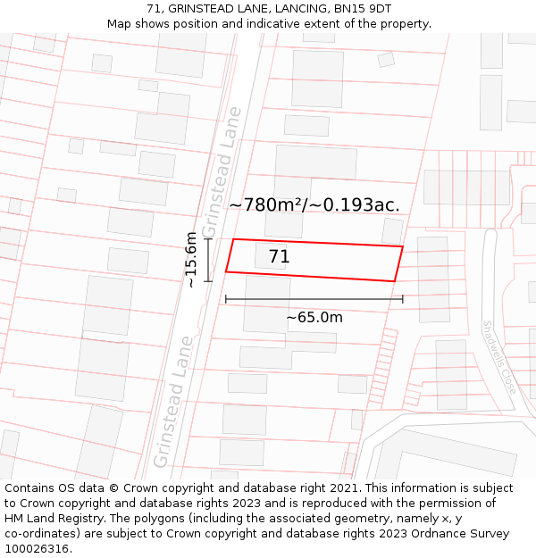 71, GRINSTEAD LANE, LANCING, BN15 9DT: Plot and title map