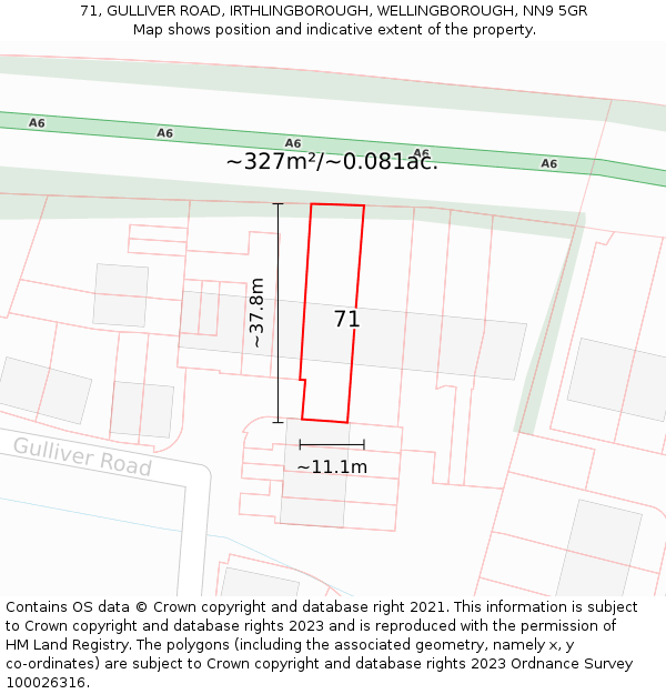 71, GULLIVER ROAD, IRTHLINGBOROUGH, WELLINGBOROUGH, NN9 5GR: Plot and title map