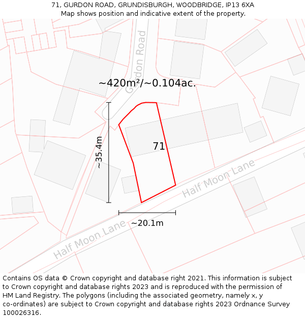 71, GURDON ROAD, GRUNDISBURGH, WOODBRIDGE, IP13 6XA: Plot and title map