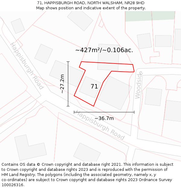 71, HAPPISBURGH ROAD, NORTH WALSHAM, NR28 9HD: Plot and title map