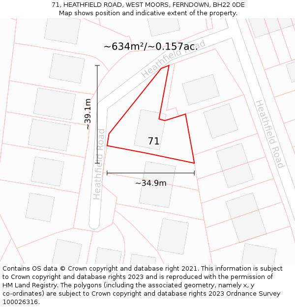 71, HEATHFIELD ROAD, WEST MOORS, FERNDOWN, BH22 0DE: Plot and title map