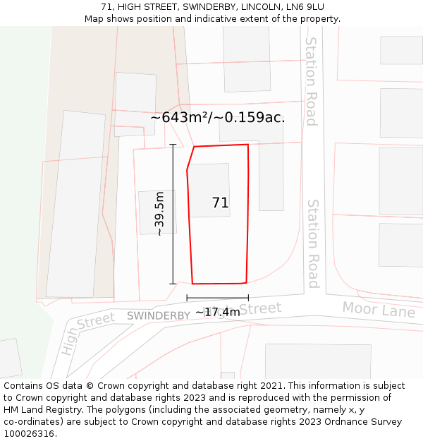 71, HIGH STREET, SWINDERBY, LINCOLN, LN6 9LU: Plot and title map