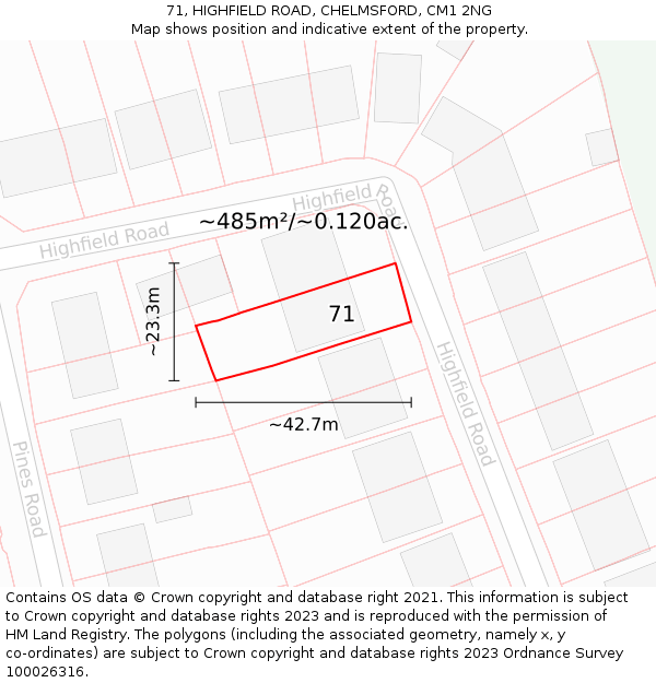 71, HIGHFIELD ROAD, CHELMSFORD, CM1 2NG: Plot and title map