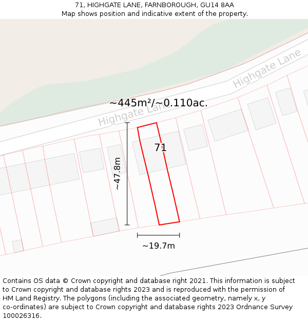 71, HIGHGATE LANE, FARNBOROUGH, GU14 8AA: Plot and title map