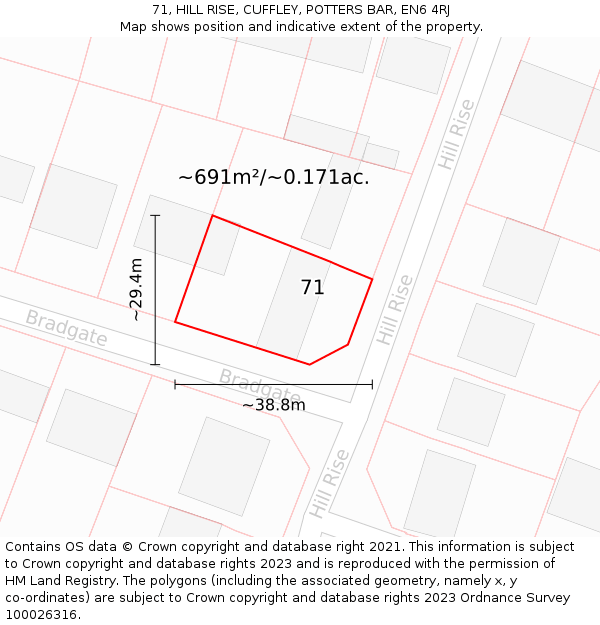 71, HILL RISE, CUFFLEY, POTTERS BAR, EN6 4RJ: Plot and title map