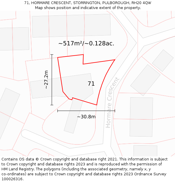 71, HORMARE CRESCENT, STORRINGTON, PULBOROUGH, RH20 4QW: Plot and title map