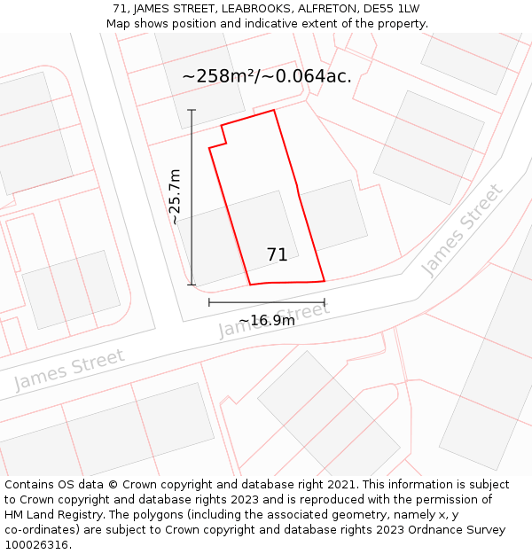 71, JAMES STREET, LEABROOKS, ALFRETON, DE55 1LW: Plot and title map