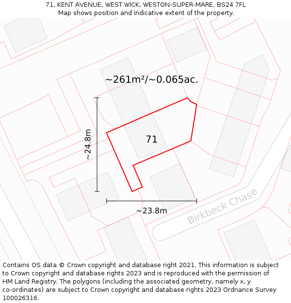 71, KENT AVENUE, WEST WICK, WESTON-SUPER-MARE, BS24 7FL: Plot and title map