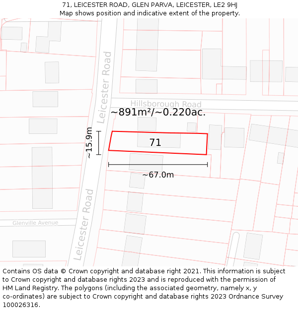 71, LEICESTER ROAD, GLEN PARVA, LEICESTER, LE2 9HJ: Plot and title map