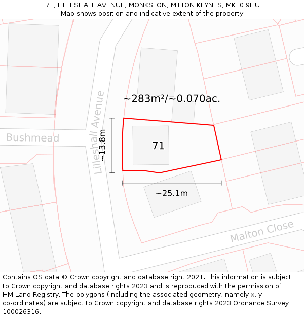 71, LILLESHALL AVENUE, MONKSTON, MILTON KEYNES, MK10 9HU: Plot and title map