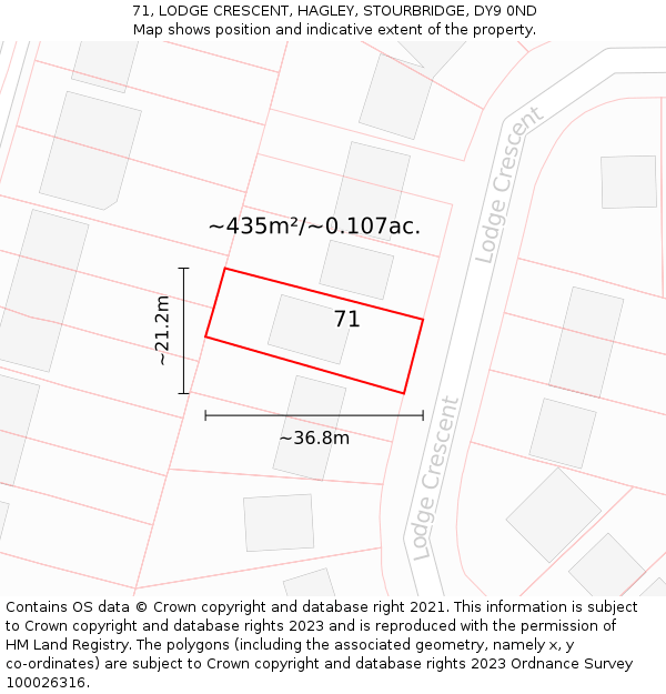 71, LODGE CRESCENT, HAGLEY, STOURBRIDGE, DY9 0ND: Plot and title map