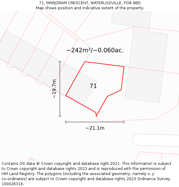 71, MARJORAM CRESCENT, WATERLOOVILLE, PO8 9BD: Plot and title map