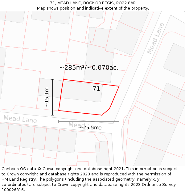 71, MEAD LANE, BOGNOR REGIS, PO22 8AP: Plot and title map