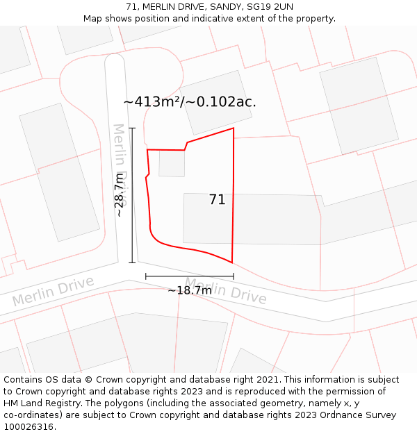 71, MERLIN DRIVE, SANDY, SG19 2UN: Plot and title map