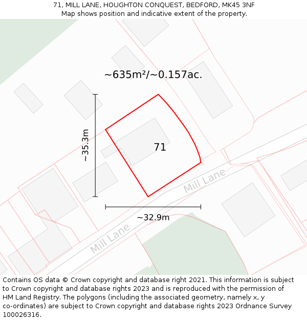 71, MILL LANE, HOUGHTON CONQUEST, BEDFORD, MK45 3NF: Plot and title map