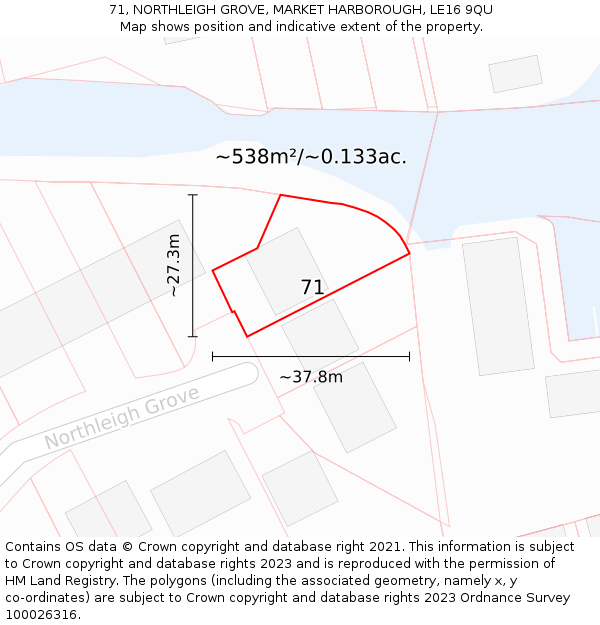 71, NORTHLEIGH GROVE, MARKET HARBOROUGH, LE16 9QU: Plot and title map