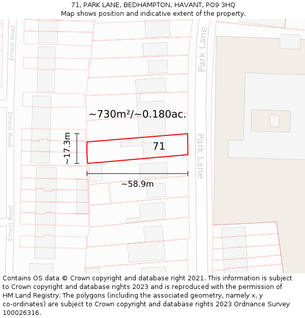 71, PARK LANE, BEDHAMPTON, HAVANT, PO9 3HQ: Plot and title map