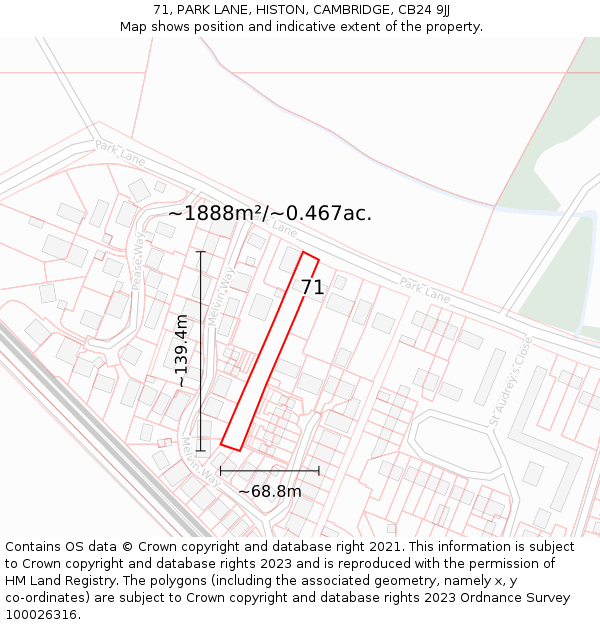 71, PARK LANE, HISTON, CAMBRIDGE, CB24 9JJ: Plot and title map