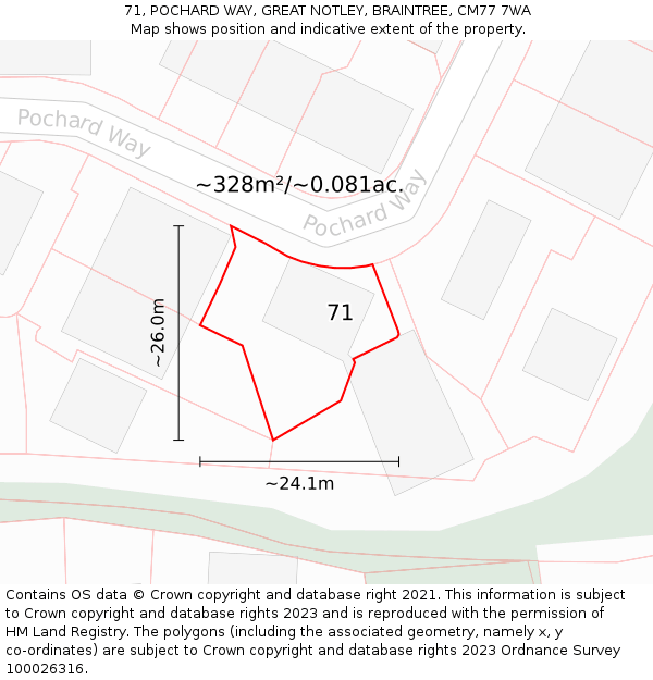 71, POCHARD WAY, GREAT NOTLEY, BRAINTREE, CM77 7WA: Plot and title map