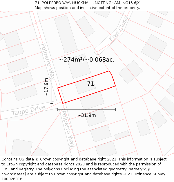 71, POLPERRO WAY, HUCKNALL, NOTTINGHAM, NG15 6JX: Plot and title map