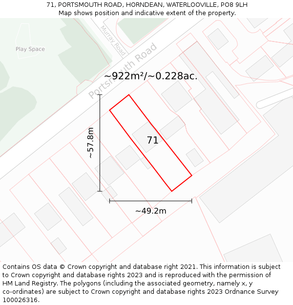 71, PORTSMOUTH ROAD, HORNDEAN, WATERLOOVILLE, PO8 9LH: Plot and title map