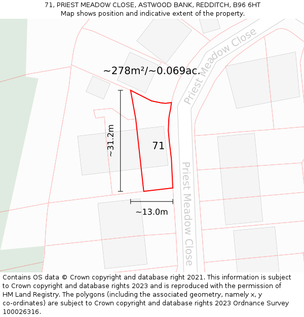 71, PRIEST MEADOW CLOSE, ASTWOOD BANK, REDDITCH, B96 6HT: Plot and title map
