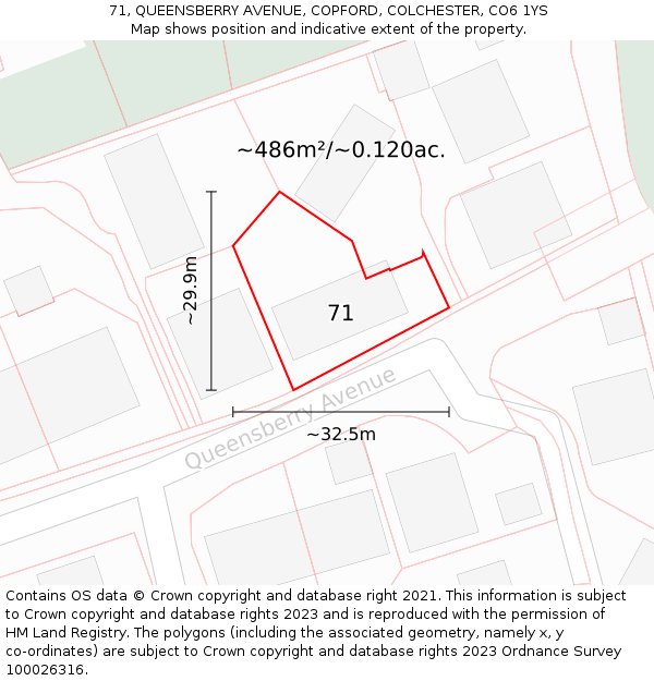 71, QUEENSBERRY AVENUE, COPFORD, COLCHESTER, CO6 1YS: Plot and title map