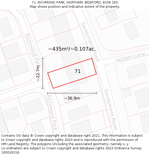 71, RICHMOND PARK, NORTHAM, BIDEFORD, EX39 1ES: Plot and title map