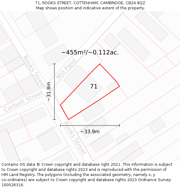 71, ROOKS STREET, COTTENHAM, CAMBRIDGE, CB24 8QZ: Plot and title map