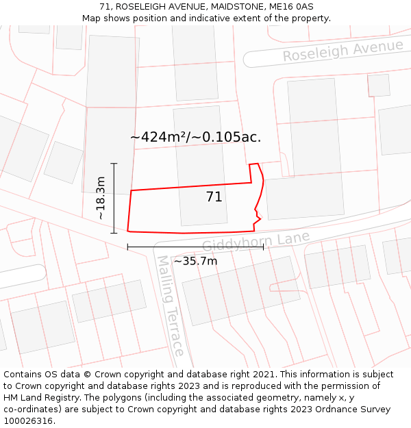 71, ROSELEIGH AVENUE, MAIDSTONE, ME16 0AS: Plot and title map