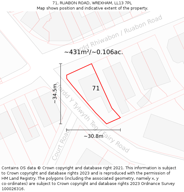 71, RUABON ROAD, WREXHAM, LL13 7PL: Plot and title map