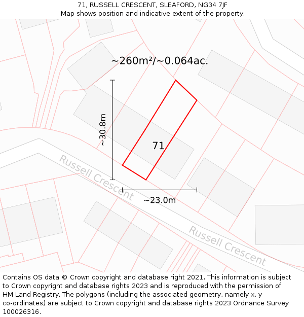 71, RUSSELL CRESCENT, SLEAFORD, NG34 7JF: Plot and title map