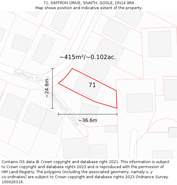 71, SAFFRON DRIVE, SNAITH, GOOLE, DN14 9RA: Plot and title map