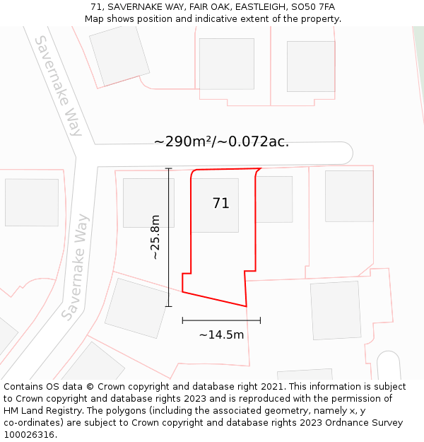 71, SAVERNAKE WAY, FAIR OAK, EASTLEIGH, SO50 7FA: Plot and title map