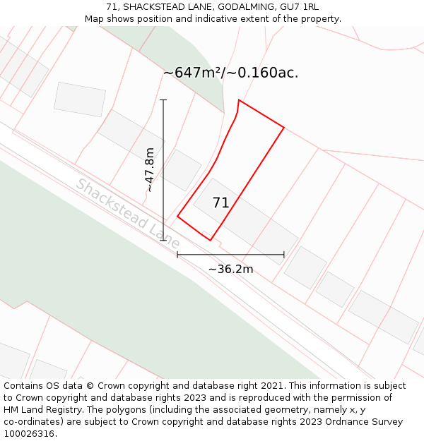 71, SHACKSTEAD LANE, GODALMING, GU7 1RL: Plot and title map