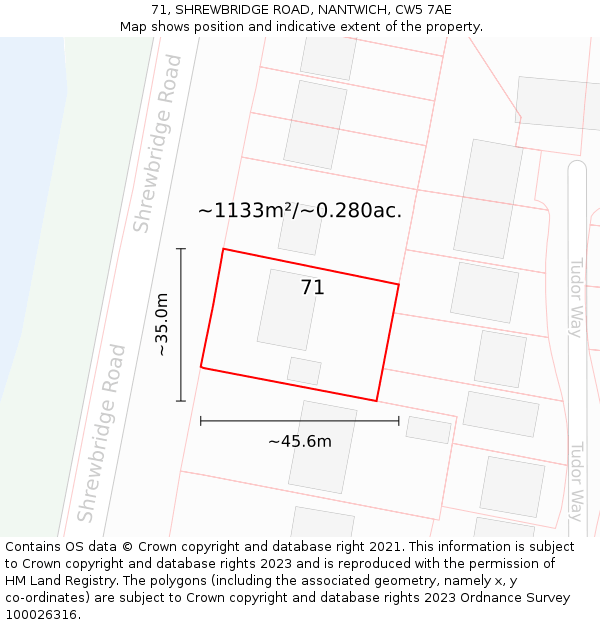 71, SHREWBRIDGE ROAD, NANTWICH, CW5 7AE: Plot and title map