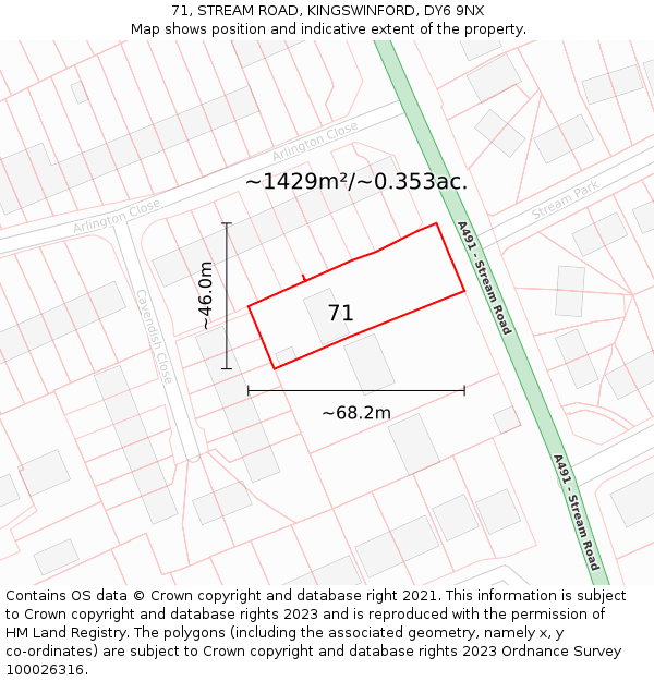 71, STREAM ROAD, KINGSWINFORD, DY6 9NX: Plot and title map