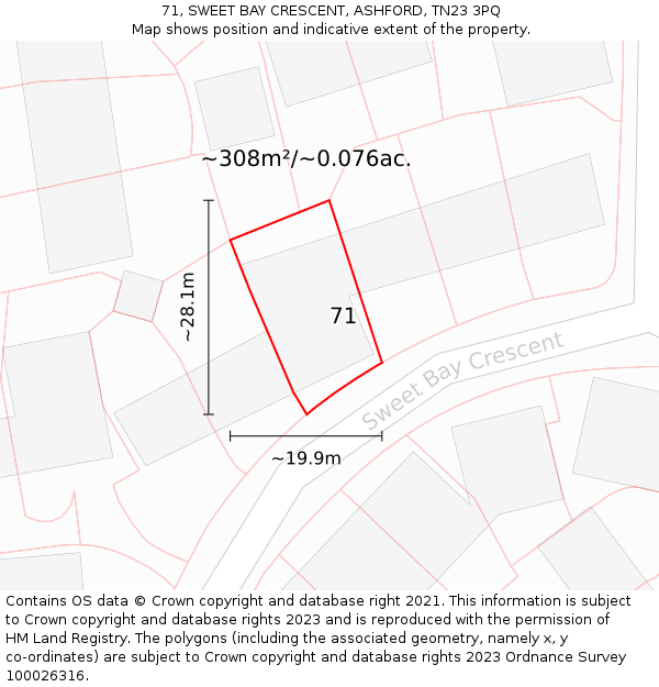 71, SWEET BAY CRESCENT, ASHFORD, TN23 3PQ: Plot and title map