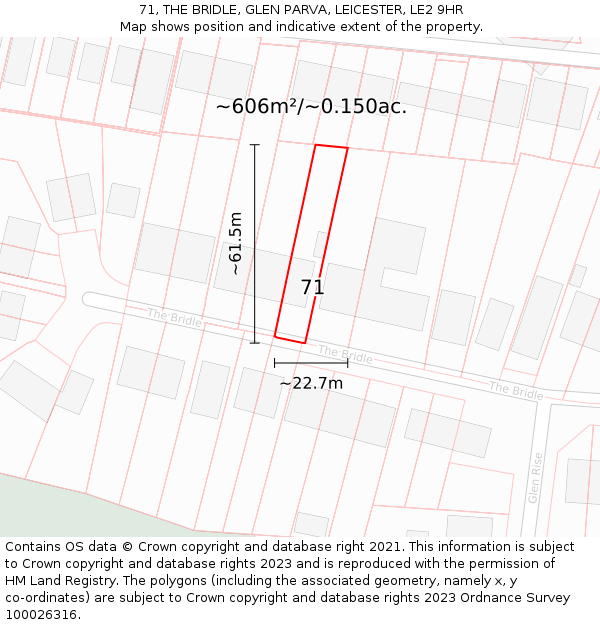 71, THE BRIDLE, GLEN PARVA, LEICESTER, LE2 9HR: Plot and title map