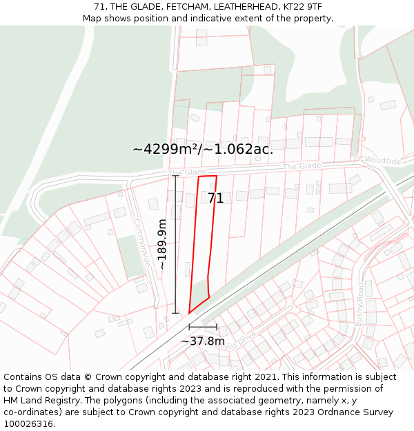 71, THE GLADE, FETCHAM, LEATHERHEAD, KT22 9TF: Plot and title map